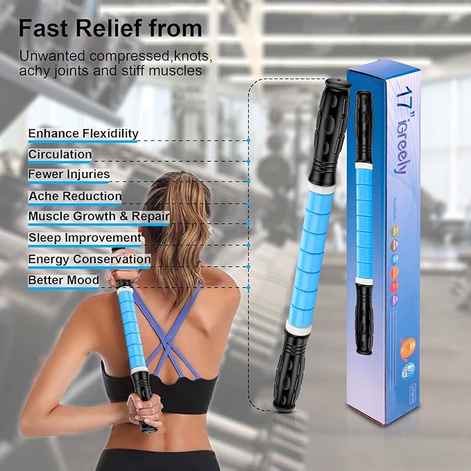 iGreely Premium Muscle Roller The Ultimate Massage Roller Stick 17 Inches Recommended by Physical Therapists Promotes Recovery Fast Relief for Cramps Soreness Tight Muscles Blue