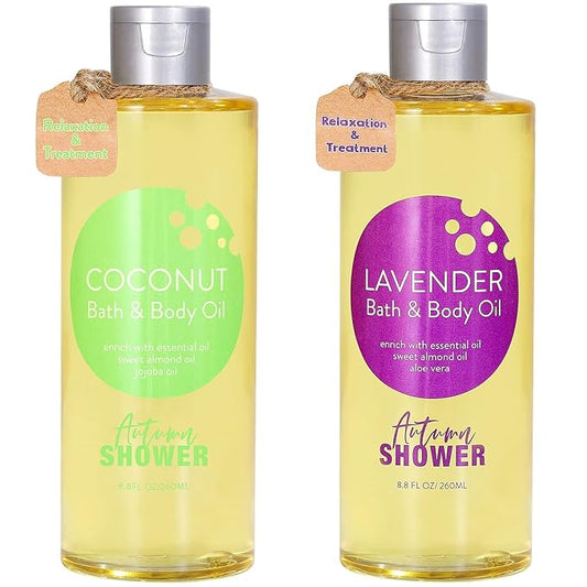 Bath and Body Oil Body Oil with Sweet Almond Jojoba and Shea Butter, Lavender & Coconut Shower Oils Mother's Day Gift for Women Dry Skin 17.6 fl oz (Pack of 2)