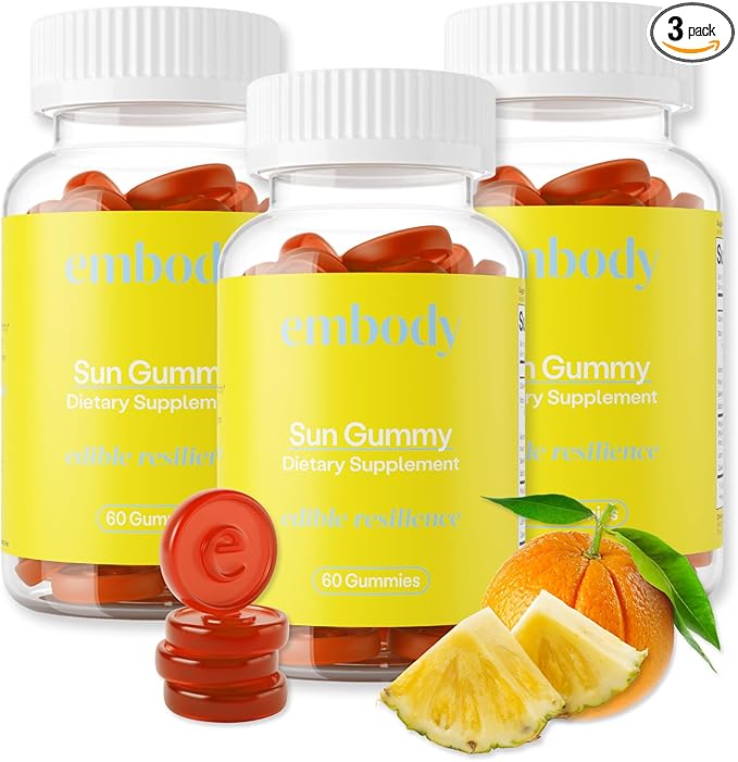 Embody Antioxidant Sun Gummy - 180 Count, Orange Pineapple Flavor - Fern Extract Supplement for Anti-Aging, Dark Spots, Healthy Skin - Promotes Collagen Production - Vitamin C, Selenium, B-Carotene