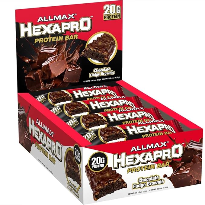 ALLMAX HEXAPRO PROTEIN BAR, Chocolate Fudge Brownie - Pack of 12 - High-Protein Energy Snack - 20 g of Protein Per Bar - With Whey Protein Isolate