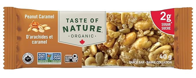 Taste of Nature - Organic 2g Sugar Peanut Caramel - Low Sugar Snack and Breakfast Bar, High Fiber Energy Bar - 16 Count Snack Pack