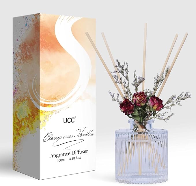 UCC Reed Diffuser Set, 3.38 oz Classic Cream Vanilla Premium Scented Diffuser with Flower Sticks Home Fragrance Reed Diffuser for Bathroom Shelf Decor