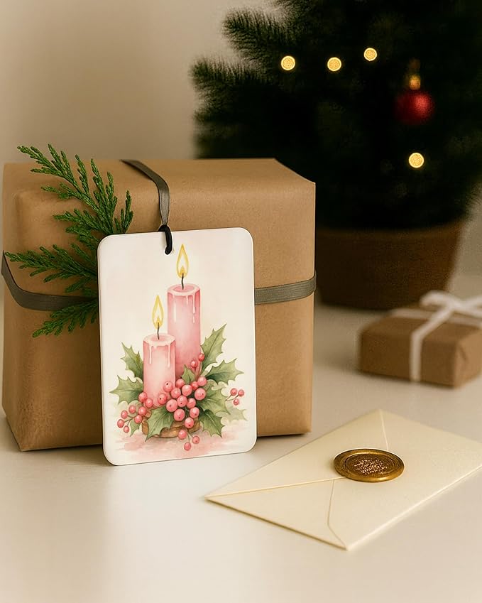 Pink Christmas Berry Car Air Freshener 4 Pcs, Coquette Pink Bow Xmas Tree Candle Reindeer Bell Hanging Air Freshener for Cars Closet Drawer Books, Girly Car Accessories Mirror Decor for Women