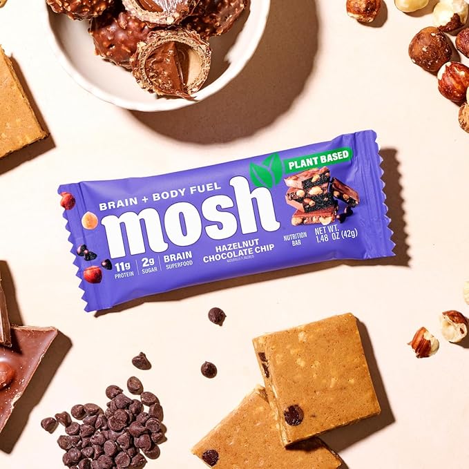 MOSH Hazelnut Chocolate Chip Vegan Protein Bars, Plant Based, Keto, Gluten Free, Brain Healthy Snack with Cognizin, Ashwagandha and Lion's Mane, 12 Count