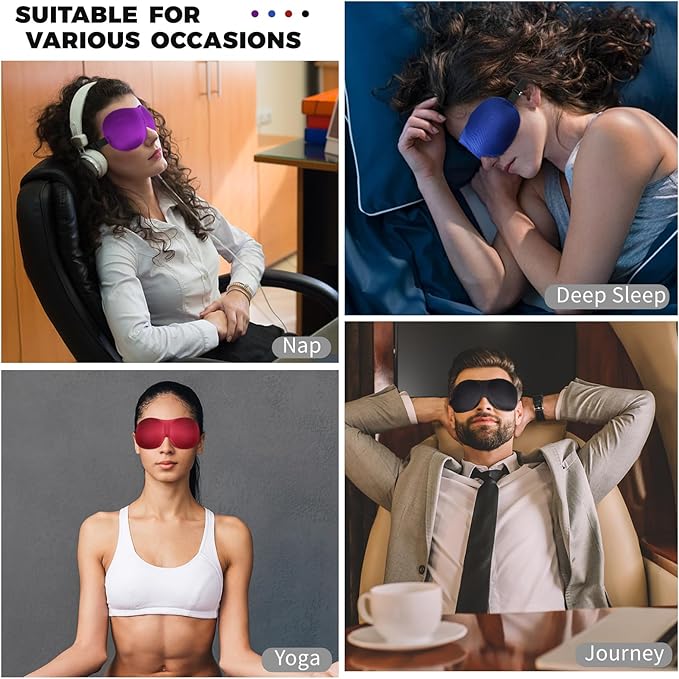 4 Pack Sleep Mask for Women and Men Adjustable Blackout 3D Eye Masks for Sleep, Blindfold with Storage Bag and Earplug for Travel Nap and Night (Black, Purple, Blue, Red)