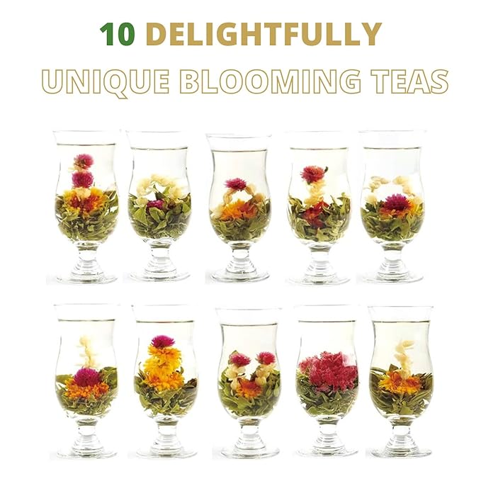 10 Assorted Blooming Flower Tea Balls Gift Set| Handmade Herbal Flowering Tea Balls Variety Individual Packing| Blooming Green Teas with Flowers for Teas Lovers, Anniversary, Valentine, Birthday (Star & Moon Bag)