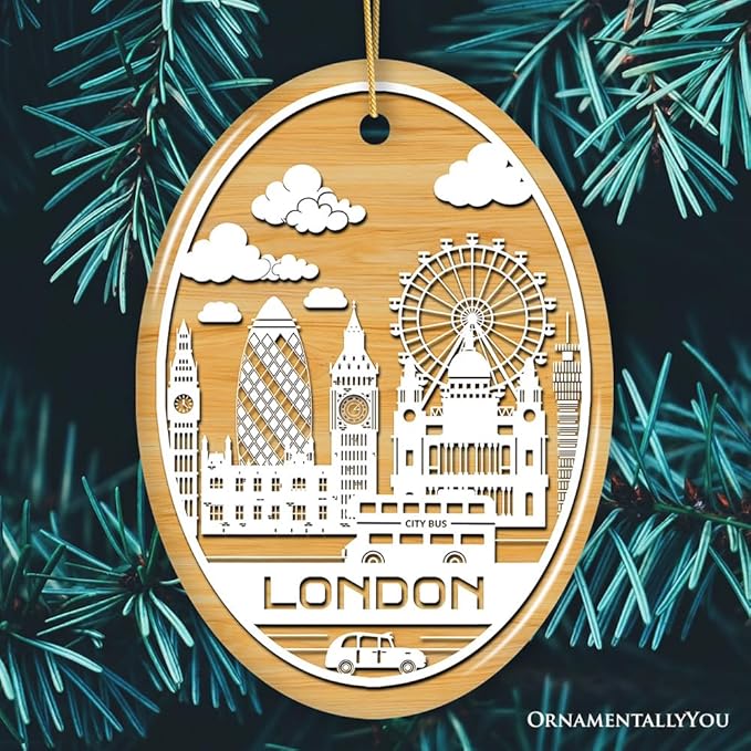 London City Unique Paper Art Themed Ceramic Christmas Ornament (Oval)