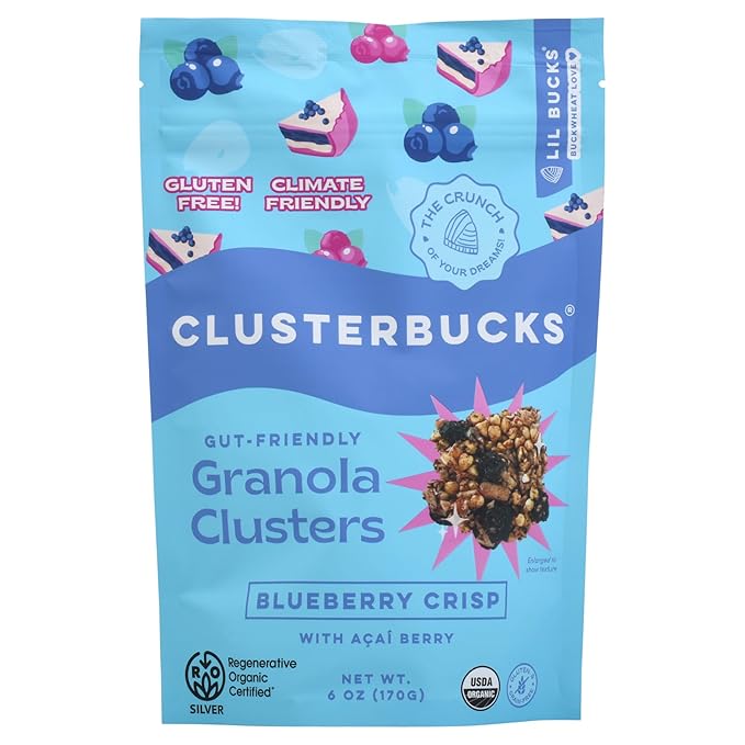 Clusterbucks Superfood Clusters – Grain-Free, Keto-Friendly Granola with Regeneratively Grown Sprouted Buckwheat– Gluten-Free, Low-Carb, Organic Healthy Snack (6 Ounce (Pack of 1), Blueberry Crisp)