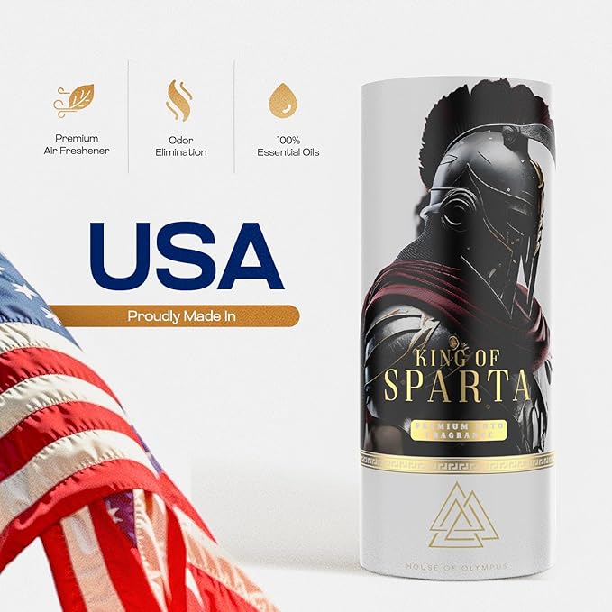 King of Sparta Hanging Car Air Freshener for Men, Only Natural Essential Oils - Luxury Car Air Diffuser by House of Olympus - Made in USA