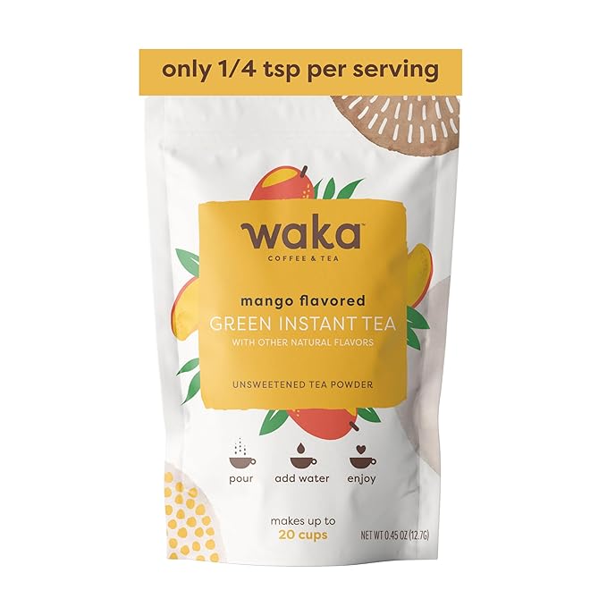 Waka Instant Green Tea Mix, Mango Flavored - 100% Tea Leaves, No Additives, Unsweetened Sample/Travel Size Tea Powder - Easy Quick Hot and Iced Teas, Up to 20 Cups or 5 Quarts (.45oz)