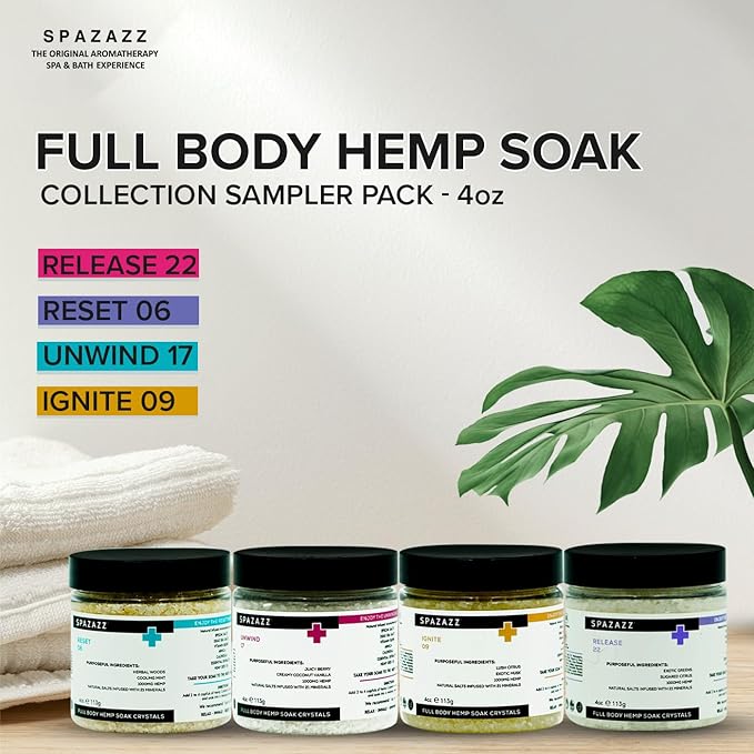 Spazazz Hot Tub Aromatherapy Full Body Hemp Soak Collection Sampler Pack - 4oz 1000 mg Hemp Spa Aromatherapy Hot Tub Bath Salt Crystals 4 Pack: Release 22, Reset 06, Unwind 17, Ignite 09