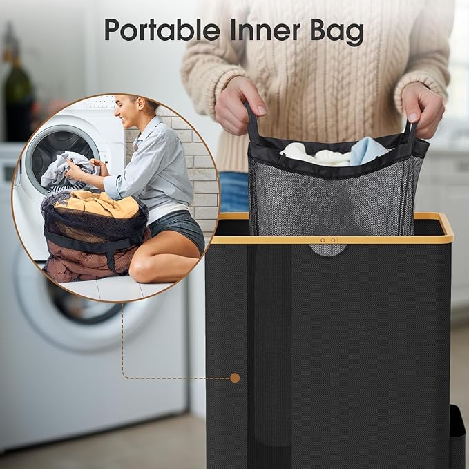 Laundry Basket Clothes Hamper with Lid and Side Pocket Large Collapsible Laundry Baskets with Handle, Freestanding Hampers for Bedroom Aesthetic, Dorm, Bathroom, Laundry Room (150L, Black)