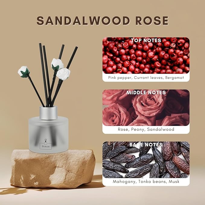 Brakula Reed Diffuser Set,Sandalwood Rose, Reed diffusers for Home, Home Fragrance Diffuser with 7 Reed Sticks for Room/Bathroom Decor 3.38 fl oz (100 ml) (Sandalwood Rose)