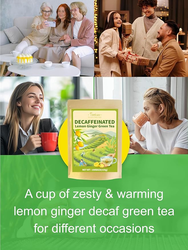 TeeLux Lemon Ginger Decaf Green Tea, Smooth Decaffeinated Green Tea with Spicy Ginger & Refreshing Natural Lemon Flavor, 100 Count