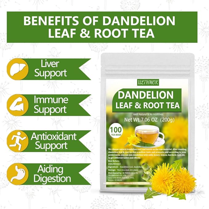 Premium Dandelion Leaf & Root Tea,100 Tea Bags/7.06Oz,for Liver & Kidney Health,Roasted Detox Herbal Tea. Support Digestion & Boost Immune System, Caffeine Free.