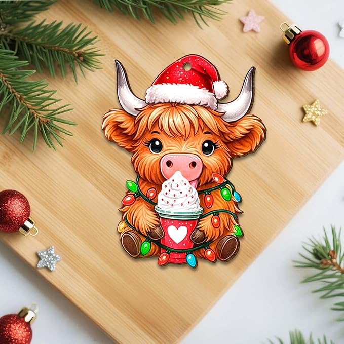 Farmhouse 2 Side Printed Wooden Ornament, Farm Animal Tree Decoration, Baby Highland Cow Ornament, Holiday Hanging Keepsake Gift for Christmas