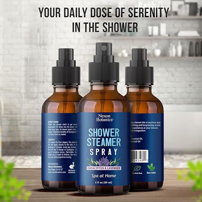 Eucalyptus & Lavender Shower Steamer Spray 2 fl oz - Aromatherapy Mist for Spa & Bathroom - Freshens Air, Enhances Mood, Instant Deodorizer - Nexon Botanics