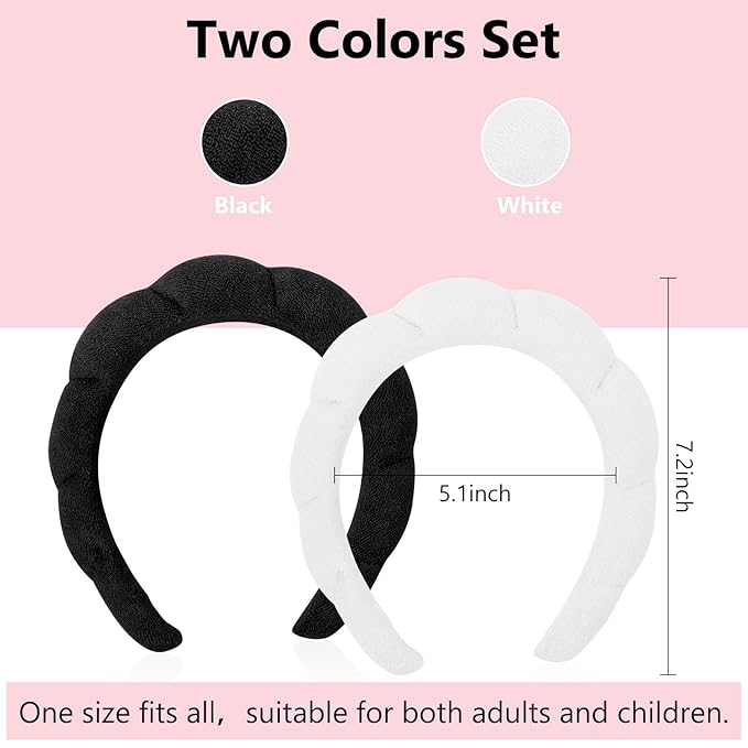 AMCAMI 2 PCS Puffy Spa Headband for Women Sponge Headbands for Girls Terry Towel Cloth Fabric Head Band for Skincare, Makeup Removal, Face Washing, Facial Mask, Shower, Hair Accessories (Black&White)