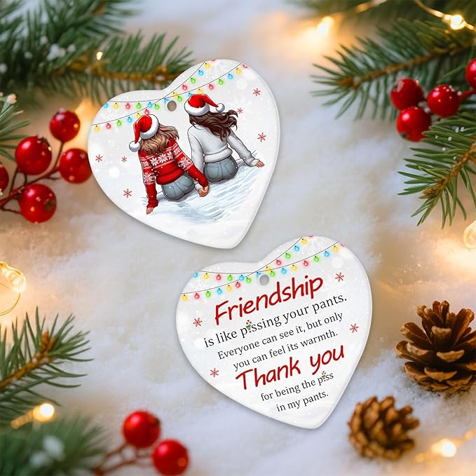 34HD Gifts for Christmas, Best Friends Christmas Ornament Heart-Shaped Ceramic 2-Side Printed, Gifts for Best Friends, Besties, Sisters, Christmas Decorations