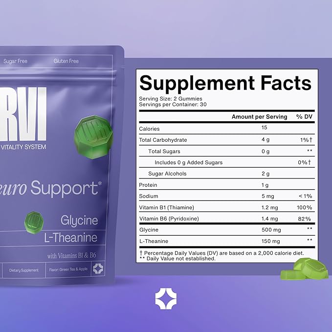 URVI® Neuro Gummies – 500mg Glycine, 150mg L-Theanine (high Potency), Vitamins B1 & B6 for Rest & Sleep, Relaxation, Calm Focus – Sugar-Free – Green Tea & Apple – 60 Count