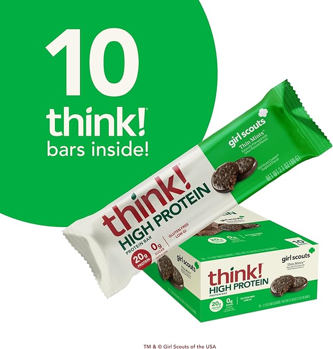 think! Protein Bars, High Protein Snacks, Gluten Free, Kosher Friendly, Girl Scouts Thin Mint, Nutrition Bars, 2.1 Oz per Bar, 10 Count (Packaging May Vary)