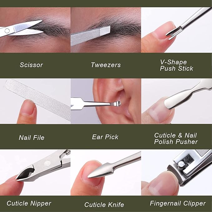 FAMILIFE Manicure Set, Professional Manicure Kit Nail Clippers Set 11 in 1 Stainless Steel Nail Pedicure Tools Kit Grooming Tool with Portable Green Leather Travel Case Luxury Gifts for Women and Men