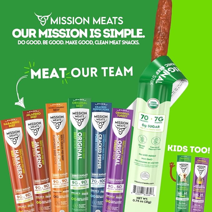 Mission Meats Beef Sticks – 100% Grass Fed & Pasture Raised, Sugar Free, Individually Wrapped Healthy Snacks, Whole 30 & Paleo Friendly, Smoky Turmeric 1oz (Pack of 24)