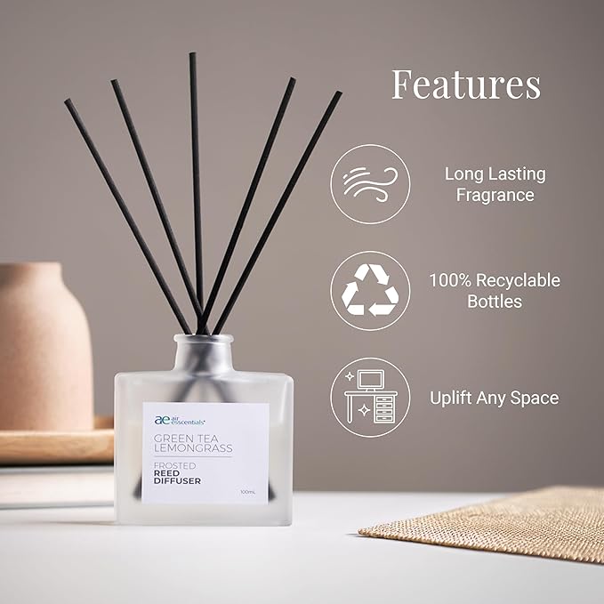 Air Esscentials Frosted Green Tea Lemongrass Reed Diffuser Set - Decorative Fragrance Diffuser & Oil for Bathroom & Home | Long-Lasting Aroma | Natural Scent Sticks | Essential Oils, Botanicals| 100mL