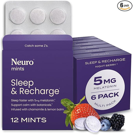 Neuro Melatonin 5mg Sleep & Recharge Mints (72 Pieces) - Fast Dissolve Melatonin Sugar Free Mints with Lemon Balm & Chamomile for Better Sleep - Calm Sleep Supplement for Adults - Night Berry Flavor