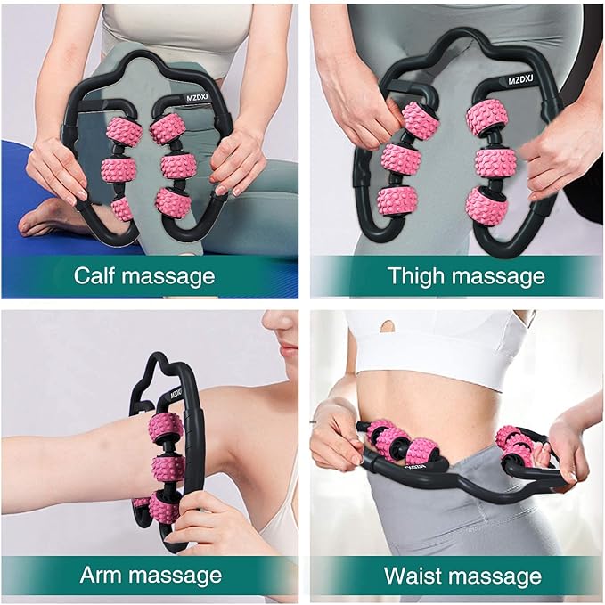 Cellulite Massage Tool Muscle Roller - Deep Fascia Massager & Dimpled Skin Remover for Legs, Thighs & Buttocks - Anti-Cellulite Roller, Smooth Skin, Pain Reliefs (Black Pink -6Wheel)