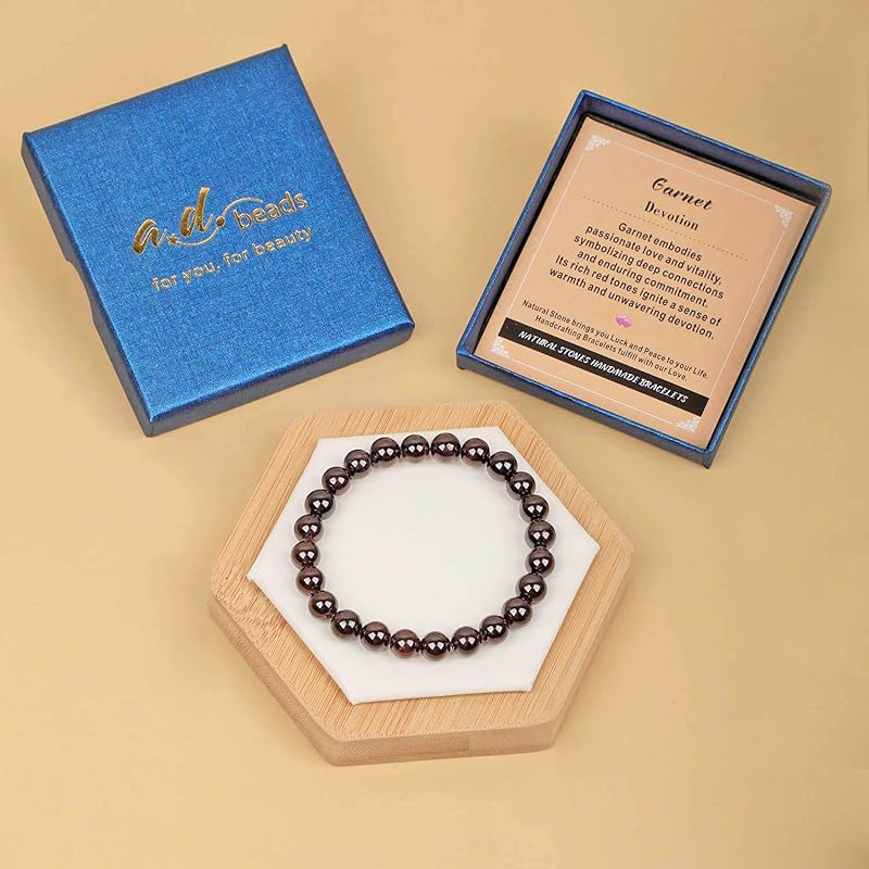 AD Beads Handmade Gemstone Stretch Elastic Bracelet Crystal Healing Reiki Nature's Beauty and Spiritual Essence Unisex (8mm, Garnet (Devotion))