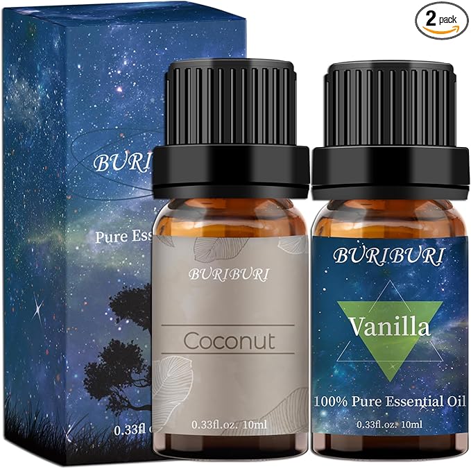 BURIBURI Vanilla Essential Oil and Coconut Oil Essential Oil, 2Pack Essential Oil Set, 100% Pure, Natural Essential Oils 10ml for Diffusers, Masage, Candle Making Soap Making