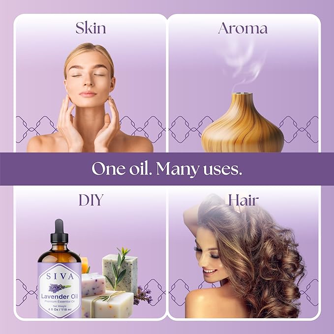 SIVA Lavender Essential Oil - 4 Fl Oz – Natural Lavender Oil - for Diffuser, Face, Skin Care, Aromatherapy, Hair Care, Scalp and Body Massage - with Dropper