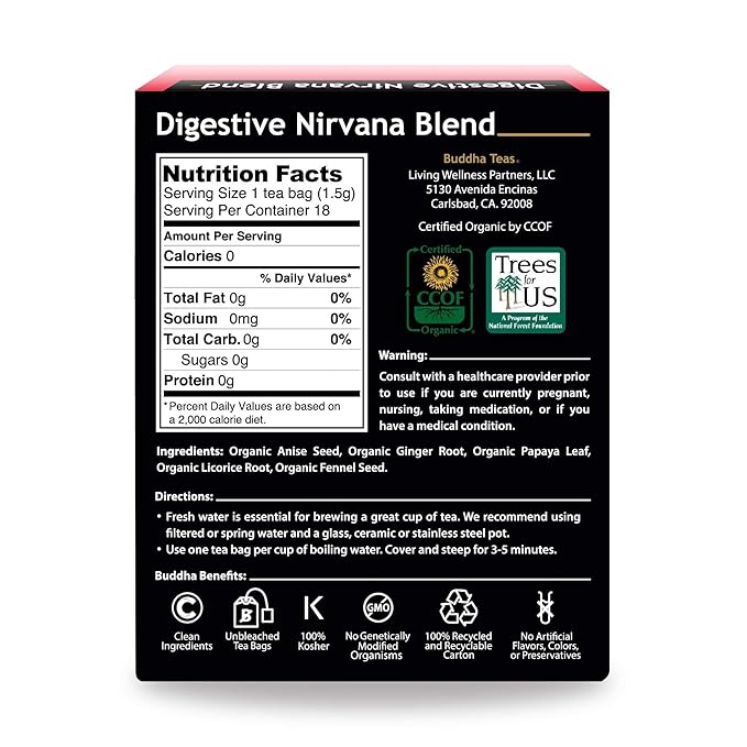 Buddha Teas - Organic Digestive Nirvana Blend - Herbal Tea - For Health & Wellbeing - With Antioxidants & Minerals - Clean Ingredients - Caffeine Free - OU Kosher & Non-GMO - 18 Tea Bags (Pack of 1)