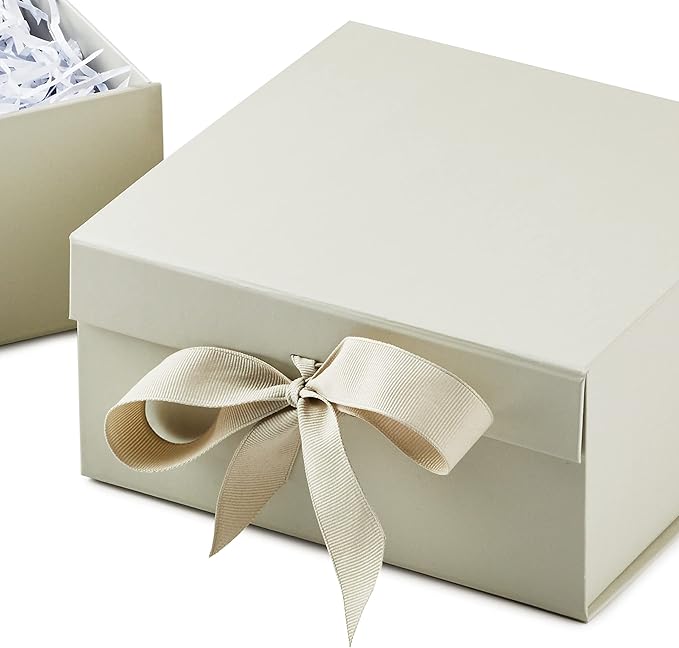 Hallmark Medium Gift Boxes with Bow and Shredded Paper Fill, Pack of 2 (Antique White 8 inch Box) for Weddings, Bridal Showers, Graduations, Birthdays, Bridesmaids Gifts, All Occasion