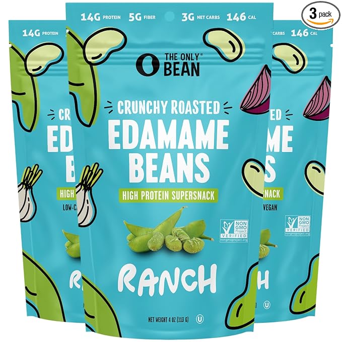The Only Bean Edamame Dry Roasted Low Carb Snacks (Ranch), Vegan Gluten Free Snacks, Healthy Snacks for Kids and Adults, High Protein Snacks, Keto Snacks, Diabetic Snacks, 4oz (Pack of 3)