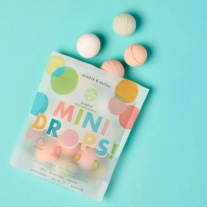 Dabble & Dollop Mini Bath Bombs, 100% Natural Droplets for Kids, Tropical Scents - Resealable Pouches, USA Made, Fizzy, Moisturizing & Fun, Vegan, Gluten-Free, Cruelty-Free (Set of 24)