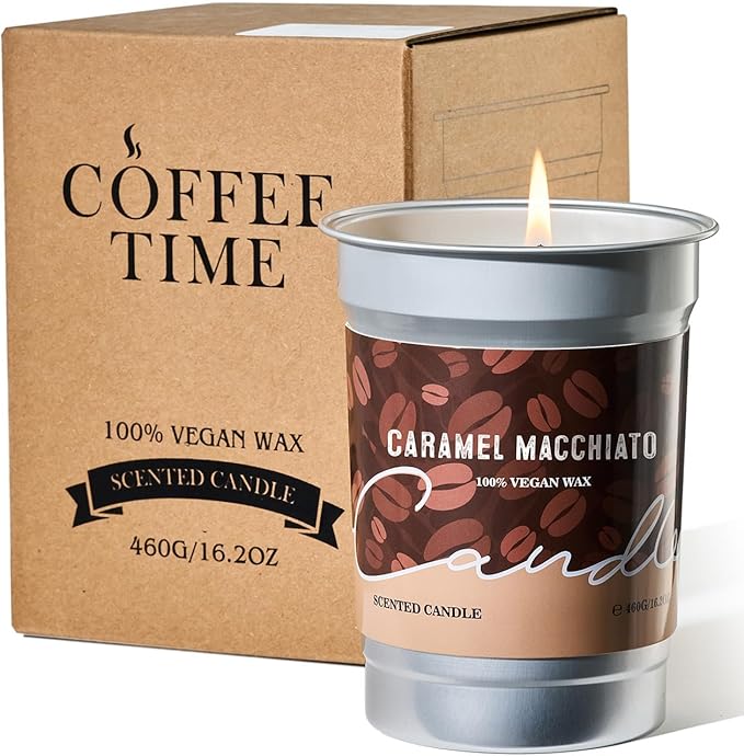 M&SENSE Coffee Candles Caramel Macchiato Scented, Soy Based Wax 16.2oz 100 Hours Non Toxic Clean Burn, Highly Scented Relaxing Candle for Home, Winter Holiday Aromatherapy Gifts for Coffee Lovers