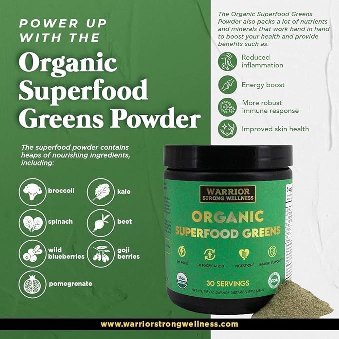 Certified Organic Greens Powder - 30 Servings - Green Superfood Powder, Energy Boost Detox Drink, Fruit and Vegetable Powder, Apple Cider Vinegar, Green Tea Extract