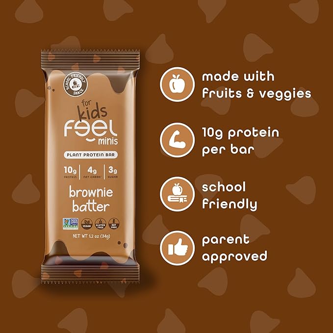 Feel Bar Minis – Kids Protein Bars | Brownie Batter – 12 Pack | 10g Plant Protein | 100 Calories | No Added Sugar | + Daily Veggies | Gluten Free, No Nuts, No Soy, No Dairy, No Grains