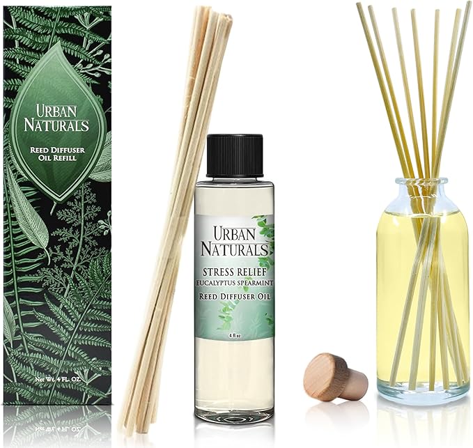 Urban Naturals Stress Relief Eucalyptus Spearmint Reed Diffuser Oil Refill | Fill Your own DIY Diffuser Bottle! Includes Replacement Reed Sticks, 4 oz (2 Pack)