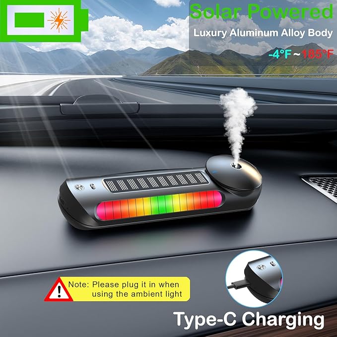 Solar Smart Car Air Freshener, Car Air Freshener Diffuser with Auto On/Off, Aluminum Alloy Body,3 Adjustable Concentration, No Oil Leakage, Built-in Battery, Ambient Light, Natural Fragrance
