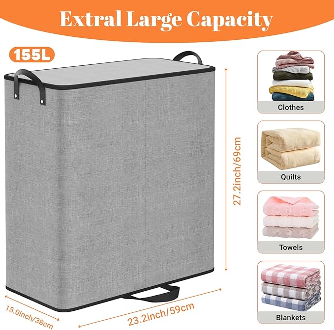 Large Double Laundry Hamper with Lid, Removable Bags & Reinforced Handles, 2 Section Tall Laundry Basket, Dirty Clothes Hampers for Laundry Room, Bedroom, Bathroom, Dorm, 155L, Gray