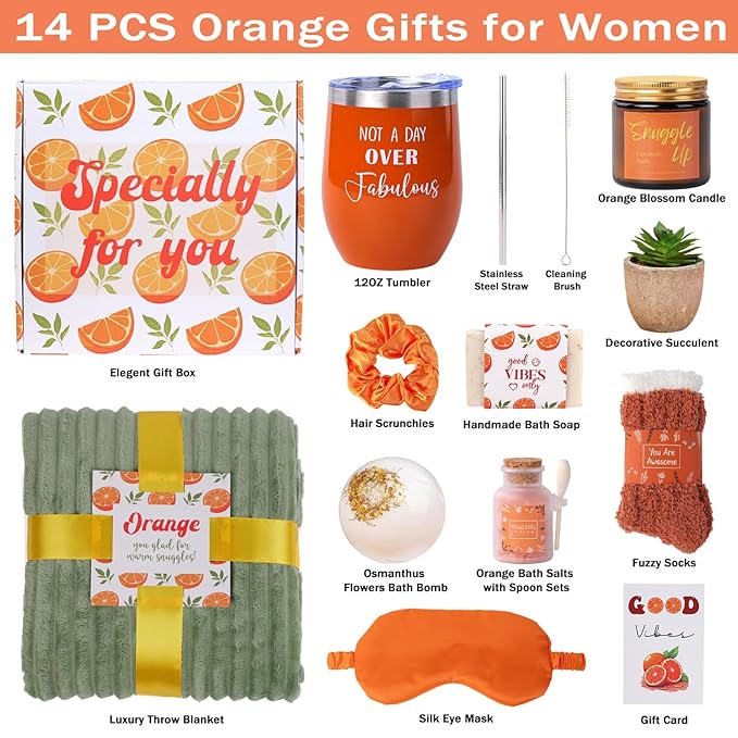 Care Package For Women, Self Care Gifts for Women, Get Well Soon, Orange Fall Themed Gifts for Woman, Relaxation Spa Gift Baskets for Woman, Thinking of You Birthday Gift, Feel Better Self Care Kit