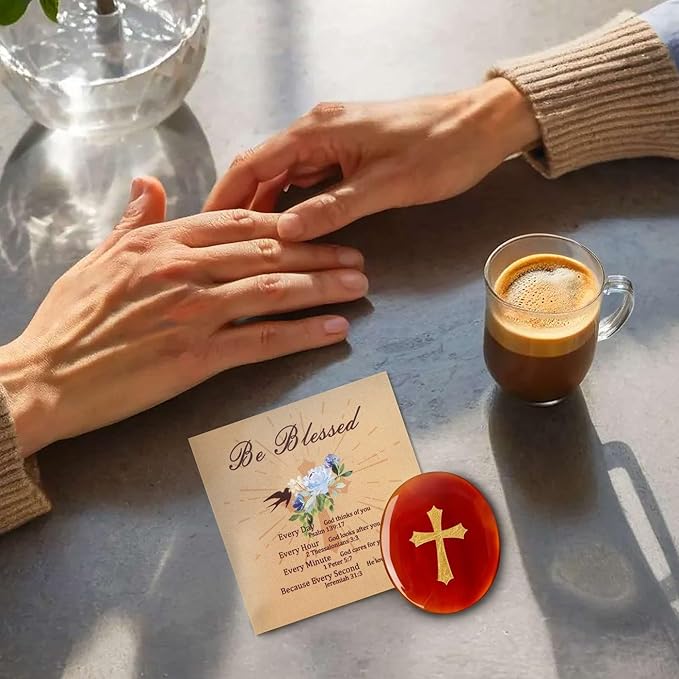 LAIDANLA Red Agate Cross Engraved Healing Crystal Worry Stones for Pray Faith Anxiety Relief Oval Palm Stone Polished Natural Crystal Gifts