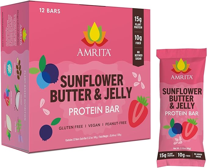 Amrita Nut Free Sunflower Butter & Jelly Vegan Protein Bars (12 Count) | 11g Plant-Based Protein Bar | Peanut Free, Gluten Free, and Dairy Free | Low Sugar, High Fiber, Healthy School-Safe Snacks
