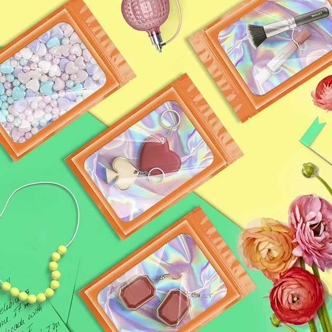 100 Pieces Smell Proof Mylar Resealable Bags, Holographic Packaging Bags, Resealable Odor Foil Pouch Zip Bags with Clear Window for Food Storage and Lipgloss, Jewelry Lash (Orange, 3.5 x 6.3 Inch)