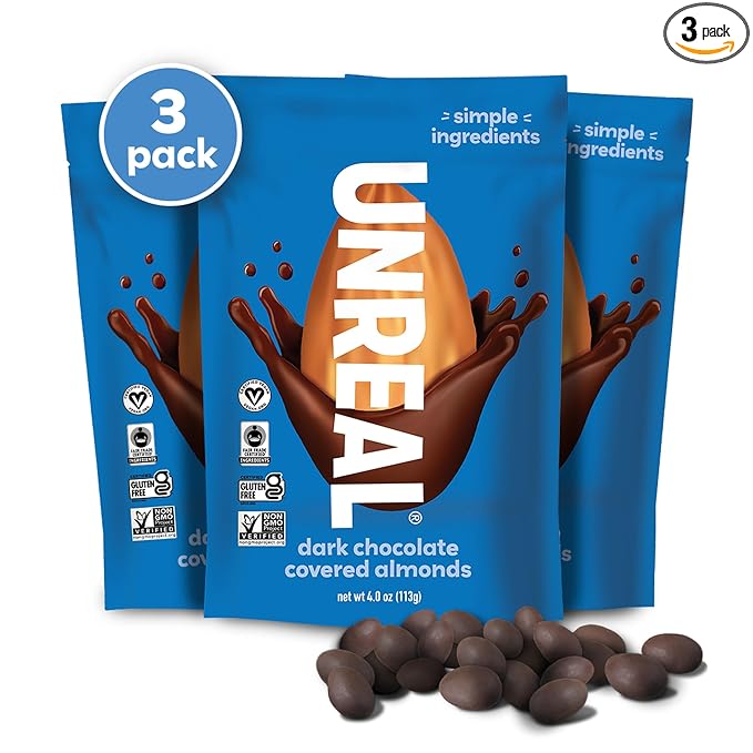 UNREAL Dark Chocolate Almonds - Certified Vegan, Gluten Free, Fair Trade, Non-GMO, No Sugar Alcohols or Soy (3 bags)