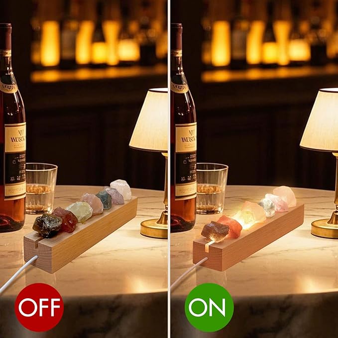 Healing Crystal Night Light,7 Chakra Stones Bedside Lamp,Mood Light with Wooden LED Light Base,Healing Stones Positive Energy Night Light for Home Decor Gifts (Plug-in)
