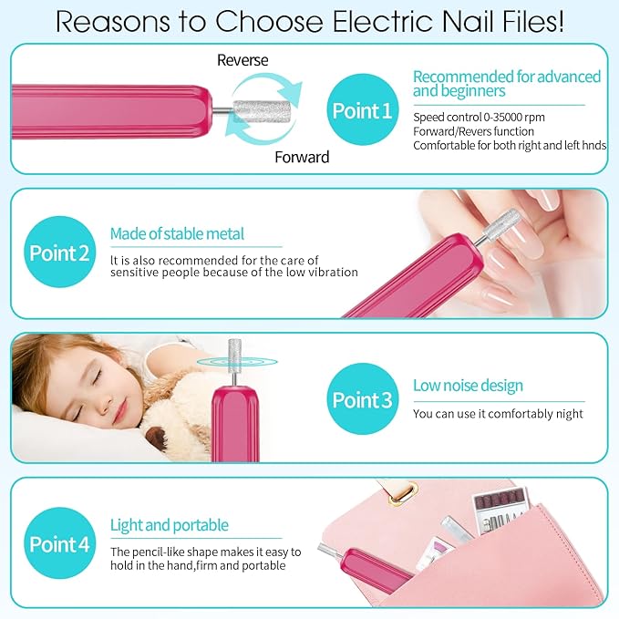 Professional Manicure Pedicure Kit -360° Light, Rechargeable Electric Nail Drill, Cordless Electric Nail File Set, 3 Speeds Hand Foot Care Nail Drill for Thick Nail Toenail Cuticle,Red